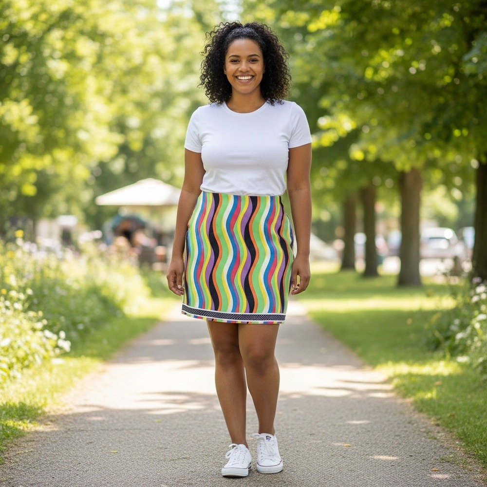 Homemade Mini A Line Skirt Womens Plus Size Rainbow‎ Wavy Stripe Polka Dot Trim